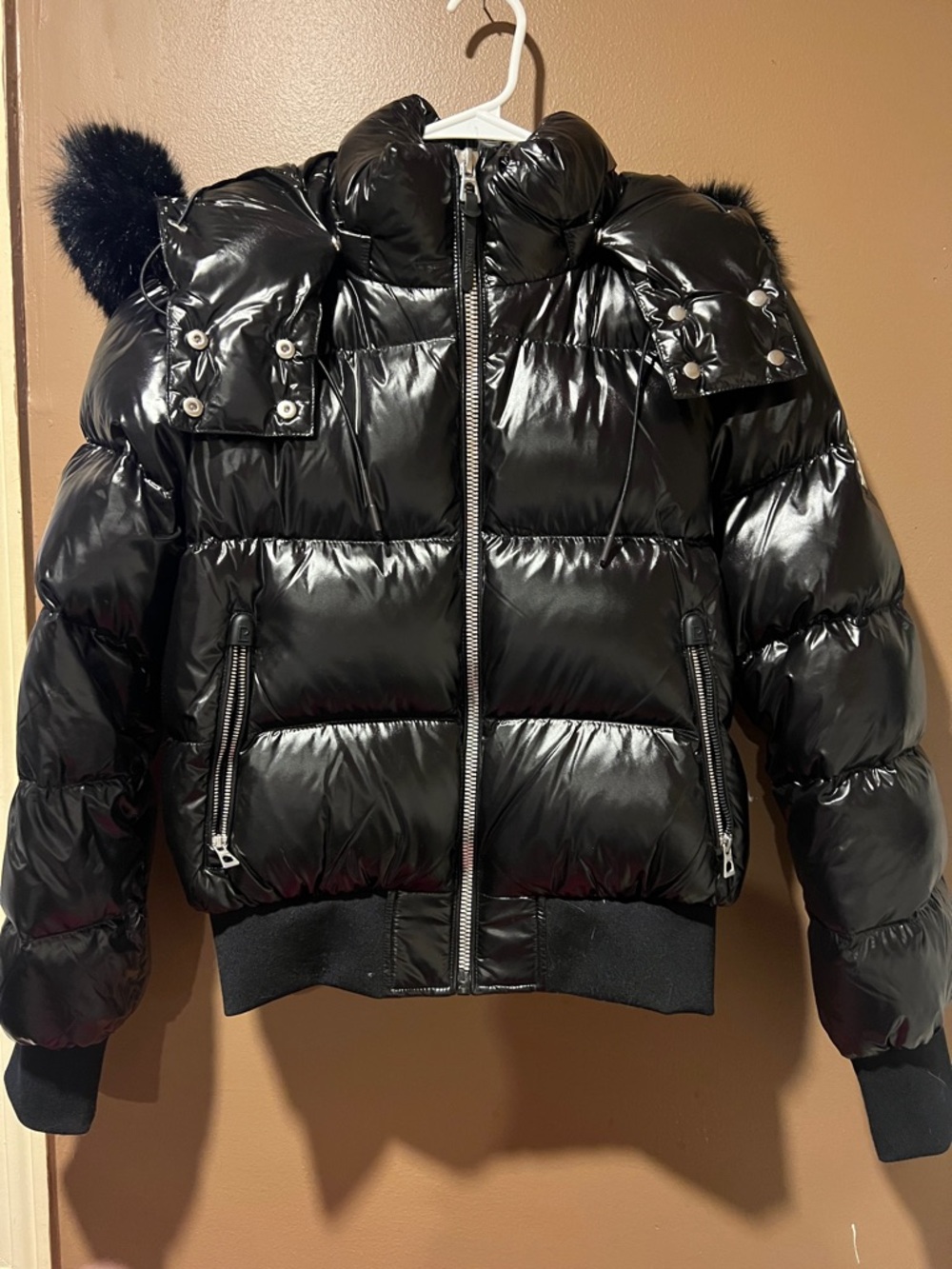 RUDSAK Glossy Black Quilted Puffer Jacket with Fur Accent